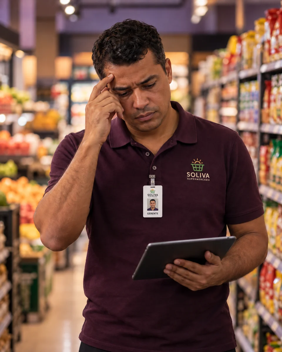 Cena conceitual: gerente de supermercado com a mão na têmpora, preocupado enquanto analisa o tablet no corredor da loja